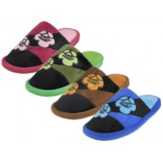 W7460-A - Wholesale Women's Flower Embroidery Plush Close Toe House Slippers ( *Asst. Blue, Pink, Green & Brown )